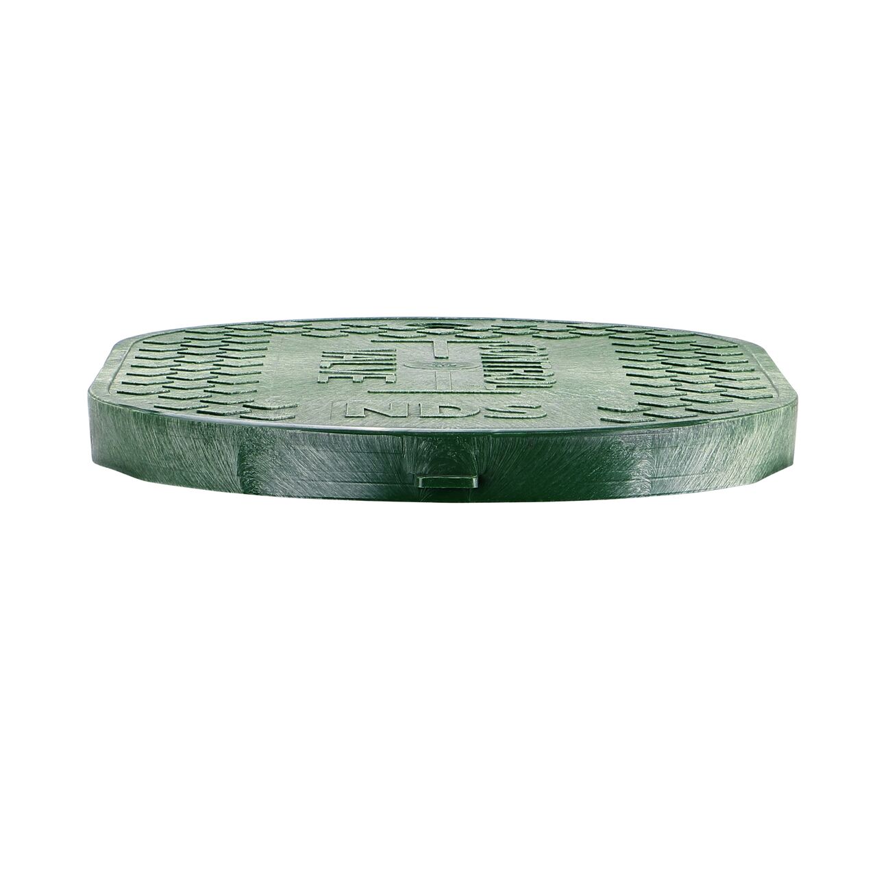 The NDS 8 in. x 14 in. Oval Standard Series Green Control Valve Valve Box Cover (NDS M4-SGL) is a drop-in lid shown here from the side, that prevents dirt and debris from entering the valve box