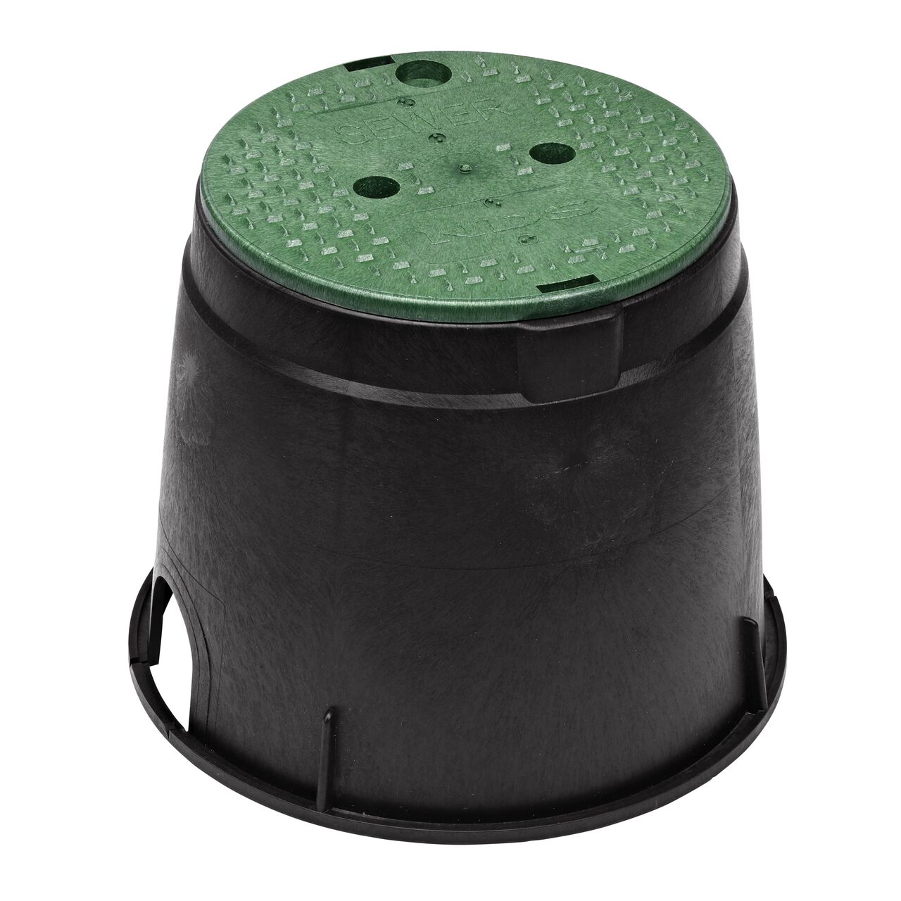 The NDS 10 in. Round Standard Series Valve Box and Cover is an 10 in. high Black Box and Green Cover with Sewer markings on the lid (NDS 111BCS); protect underground irrigation and sprinkler system components and keep them out of sight