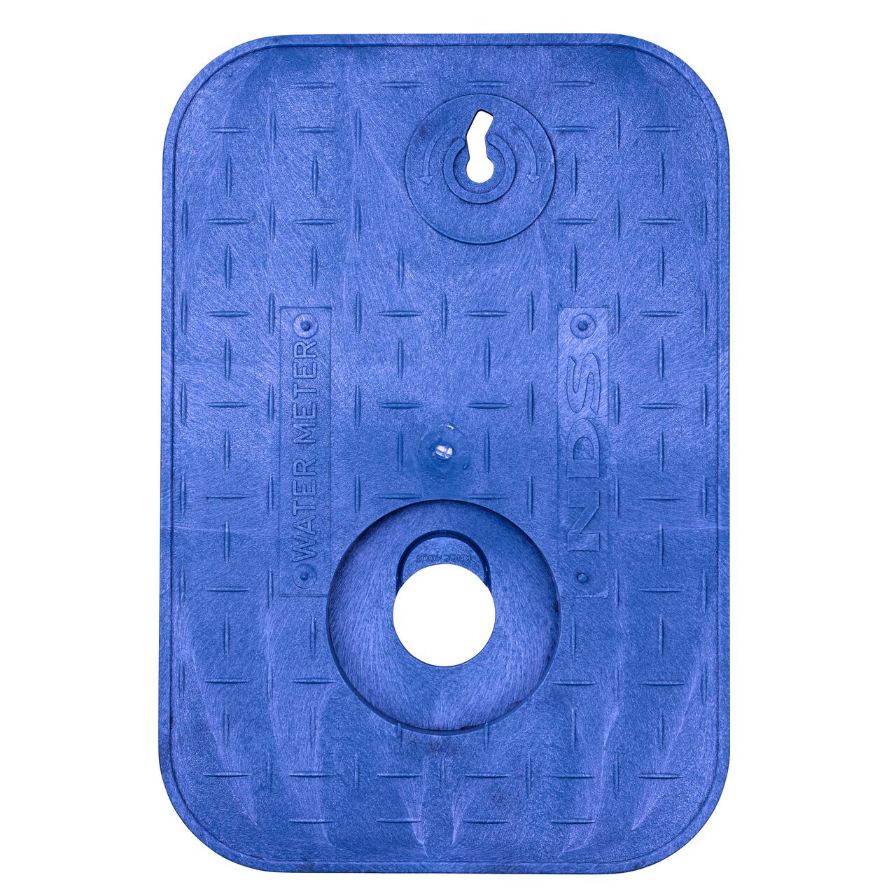 Top down view of the top side of the Black Water Meter cover for the NDS 14 in. X 19 in. Rectangular AMR Meter Box (NDS D12AMR-OLLOCTRBLUL) showing the Black Water Meter markings and touch reader hole
