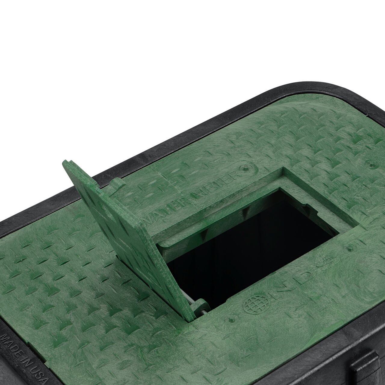 Closeup view of the hinged side of the Plastic reader door on the NDS 14 in. X 19 in. Rectangular Standard Series Meter Box & Water Meter Cover (NDS D1200-DIRG)