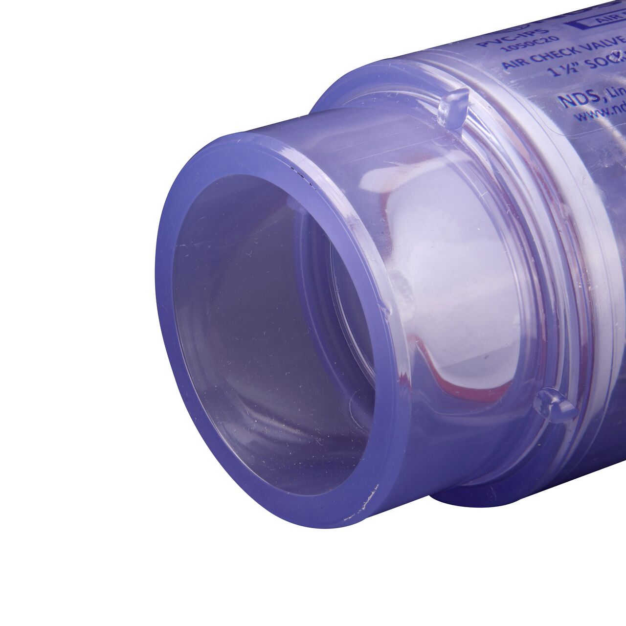 Closeup of the slip end of the NDS Clear 1-1/2 in. slip end by 2 in. spigot end PVC Air Check Valve (NDS 1050C20)