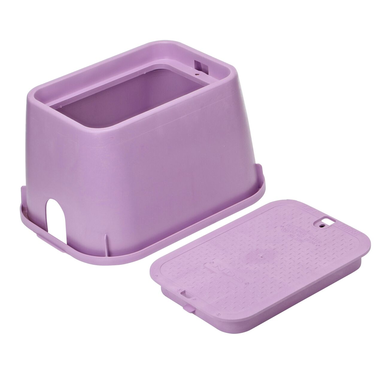 Unassembled View of the 14 in. X 19 in. Rectangular Purple Valve Box and Reclaimed Water Cover (NDS 113PBCR)