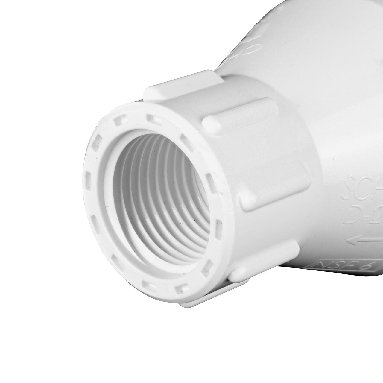 Closeup of the threaded end of the NDS 1/2 in. White PVC Spring Check Valve (NDS 1001-05, 1002-05)