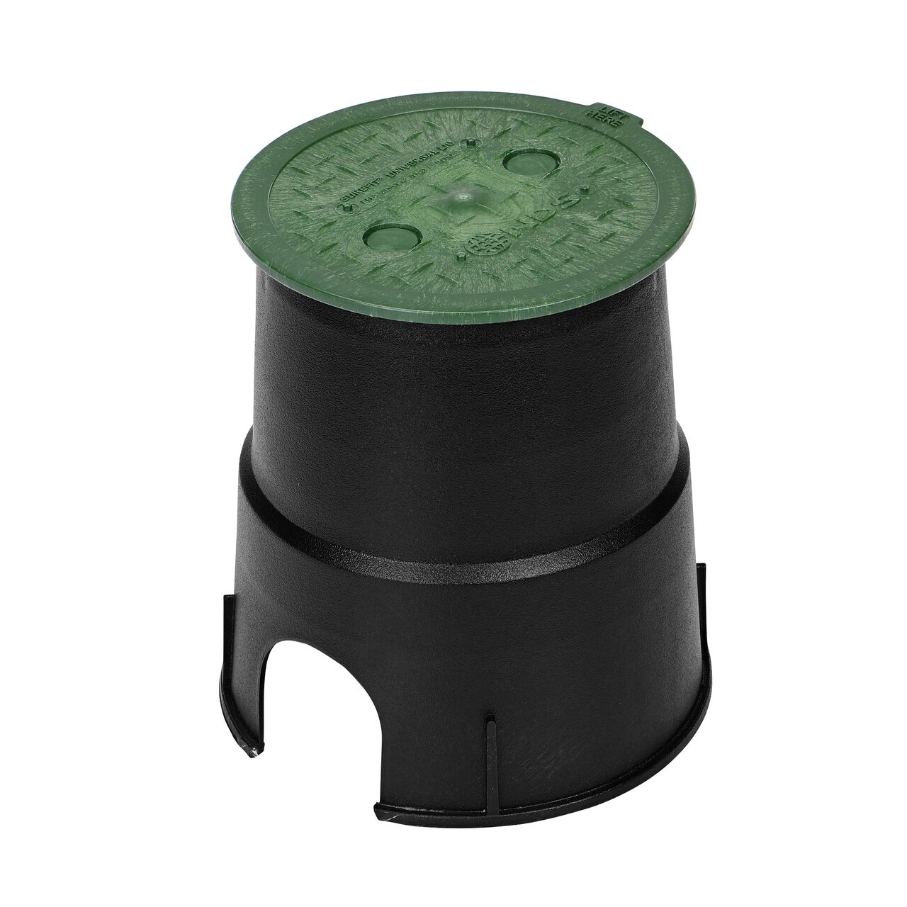 View of entire 6 in. Round SureFit Universal Valve Box Lid (NDS 6RND-UC) installed on the Black Dura Valve Box