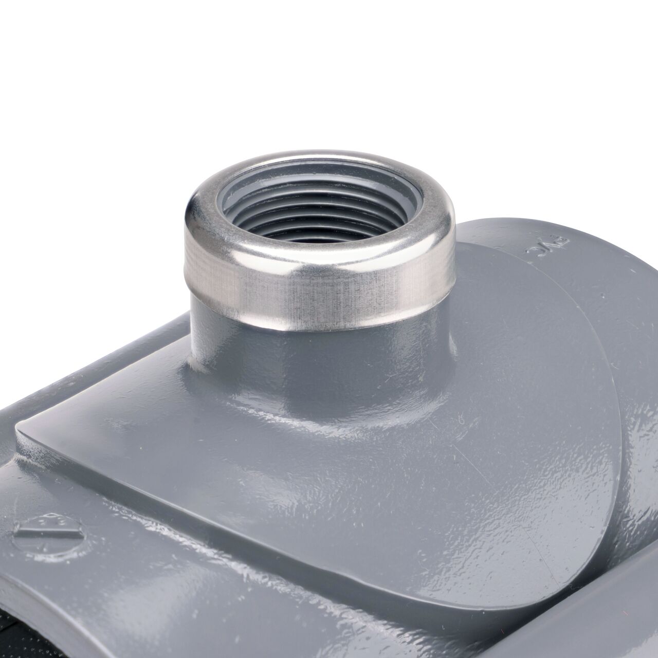 Closeup of the 3/4 in. FPT connection on the NDS Clamp-It™ Rigid PVC Saddle (NDS 443007) for 3 in. PVC pipe
