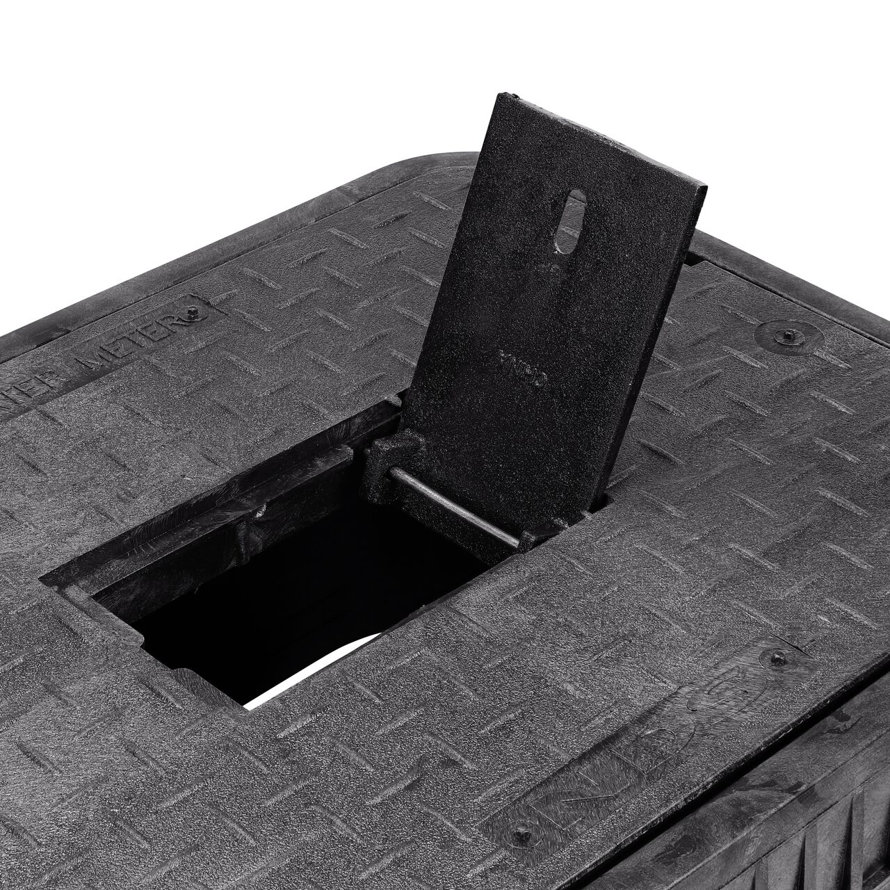 Closeup view of the Cast Iron reader door opened on the NDS 13 in. X 20 in. Rectangular Standard Series Meter Box & Water Meter Cover (NDS D1500-DUDICIR) to show how reader provides easy access to meter readers