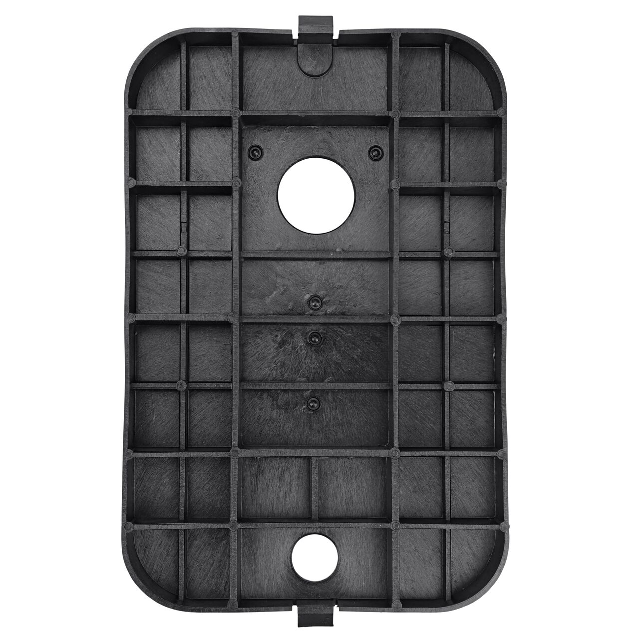 Top down view of the underside of the Black Water Meter cover (NDS D1200-DITRL) for the NDS 10 X 15 in. Rectangular Standard Series meter box showing reinforcing ribs that help support pedestrian and lawn care equipment and 2 in. Touch reader hole