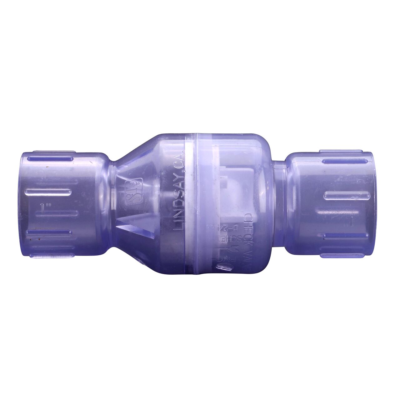 Side to side view of the NDS Clear 1 in. slip end by slip end PVC Spring Check Valve (NDS 1011C10)