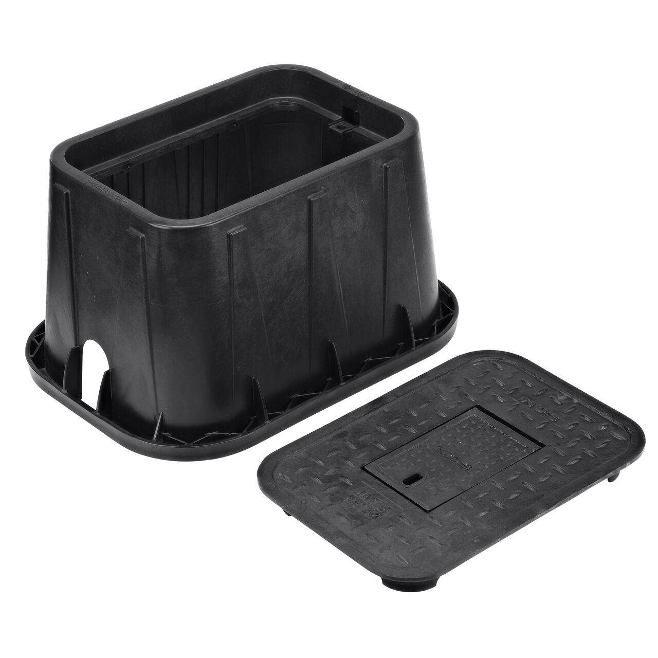 Unassembled View of the NDS 14 in. X 19 in. Rectangular Standard Series meter box with universal locking mechanism enabling a variety of bolts and screws to be used to secure the covers, and Black Cast Iron Water Meter Overlapping Cover lid cover (NDS D1200-CICIR) with Cast Iron reader door