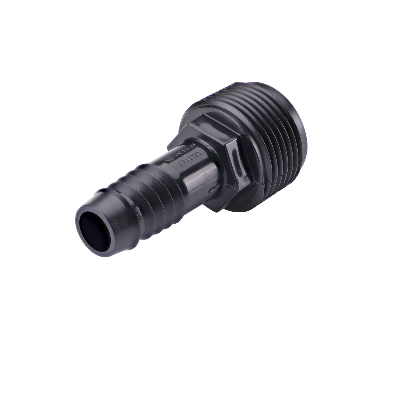 One end of the NDS Swing Pipe Adapter is 3/4  in. Male NPT and the other is a spiral barbed adapter (NDS FPA-0750)
