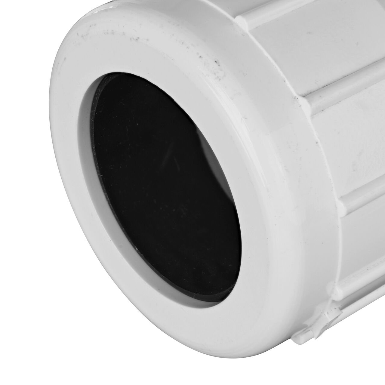 Closeup view of the NDS IPS PVC Male Adapters showing the 1-1/4 in. compression end with adjustable nut secured which reduces pull-out from pipe (NDS CPA-1250)