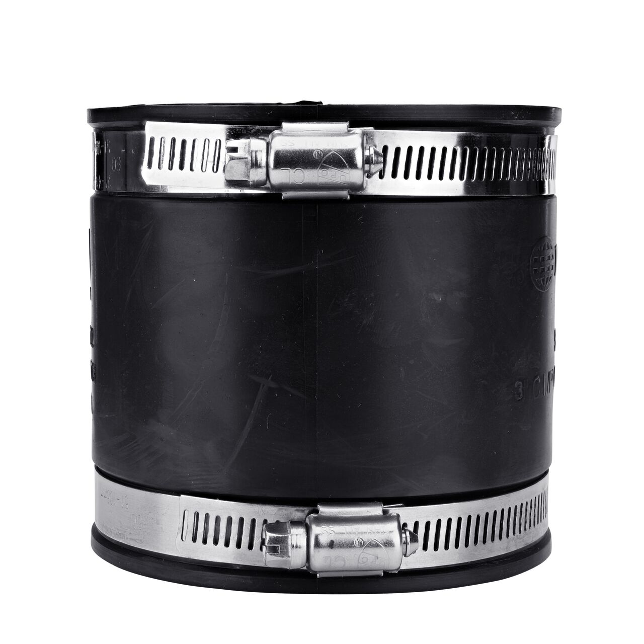 The NDS 3 in. flex coupling, in vertical position, connects two cast iron/sewer and drain or DWV/copper/steel/lead pipes and provides leak-resistant seals with virtually any pipe (NDS 56-33)