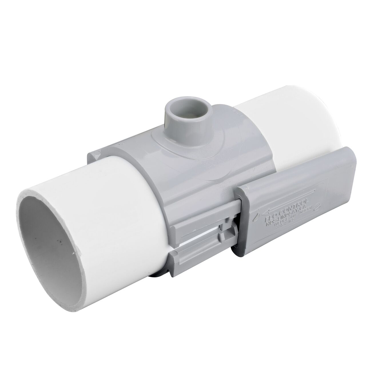 The NDS Clamp-It™ Rigid PVC Saddle with 1 in. slip connection on top (NDS 454010) installed onto 4 in. PVC pipe with the wedge closure half-way secure