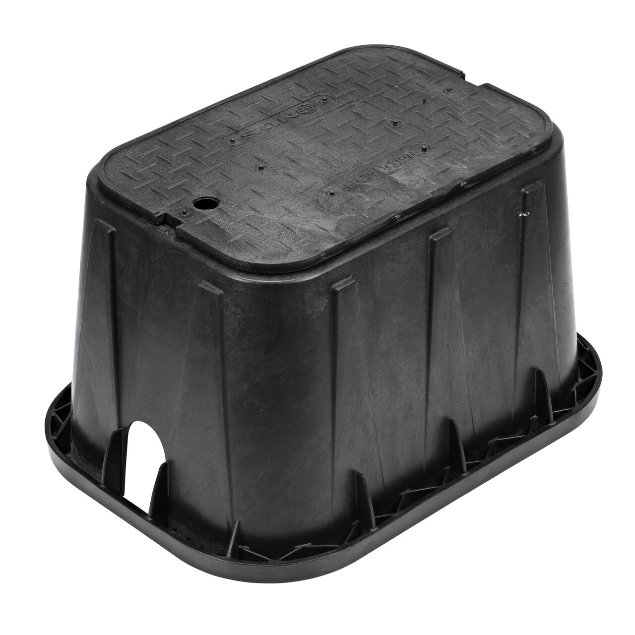 Top down view of the top side of the Black Water Meter cover for the NDS 14 in. X 19 in. Rectangular Standard Series Meter Box (NDS D1200-OLSB) showing the Black Water Meter markings