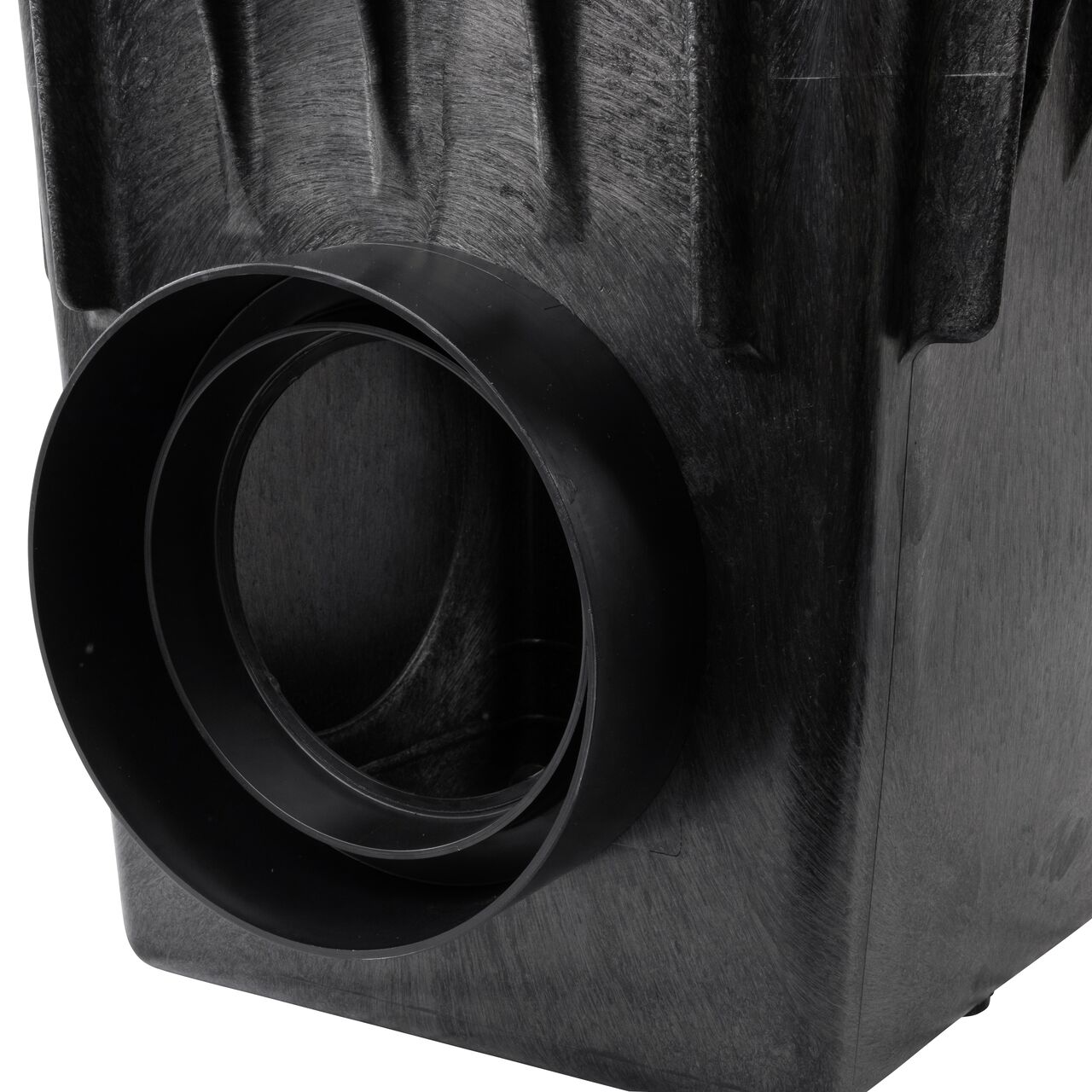 Closeup view of the 8 in. Pipe Outlet Adapter for Catch Basin Drain (NDS 1888) on the NDS 18 in. Catch Basin Drain with two-opening outlets (NDS 1882)