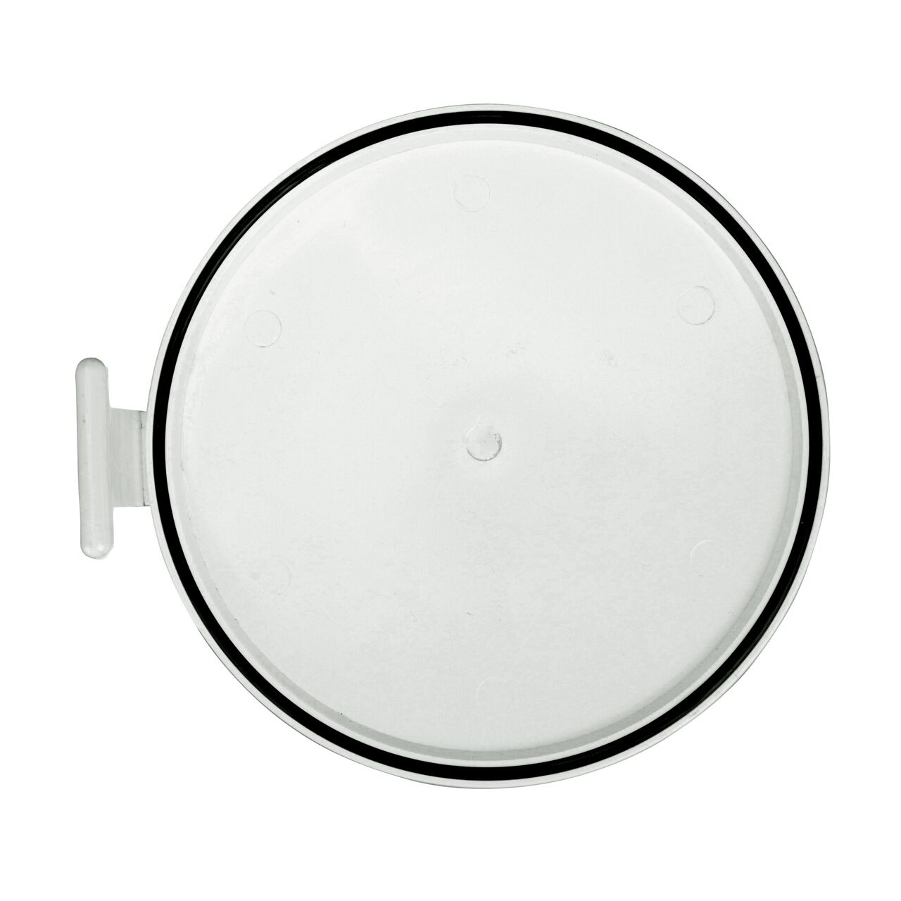 Top down view of the inside of the NDS 6 in. White Backwater Valve Flapper (NDS 1530603) showing the hinge attachment for easy installation