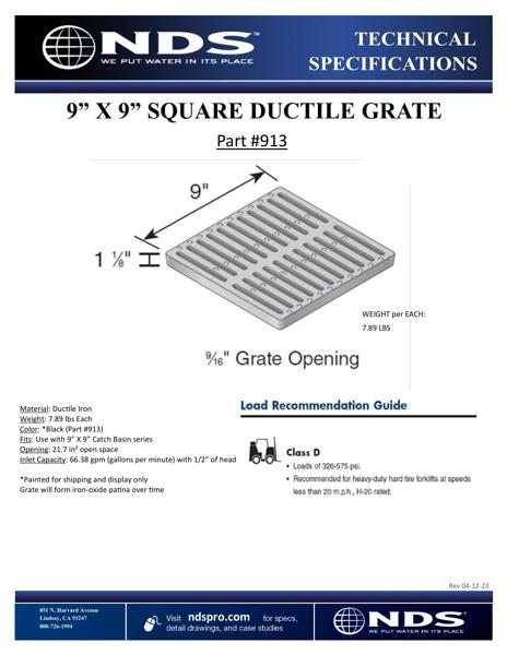 NDS 9 in. Square Catch Basin Drain Grate Ductile Iron Tech Spec