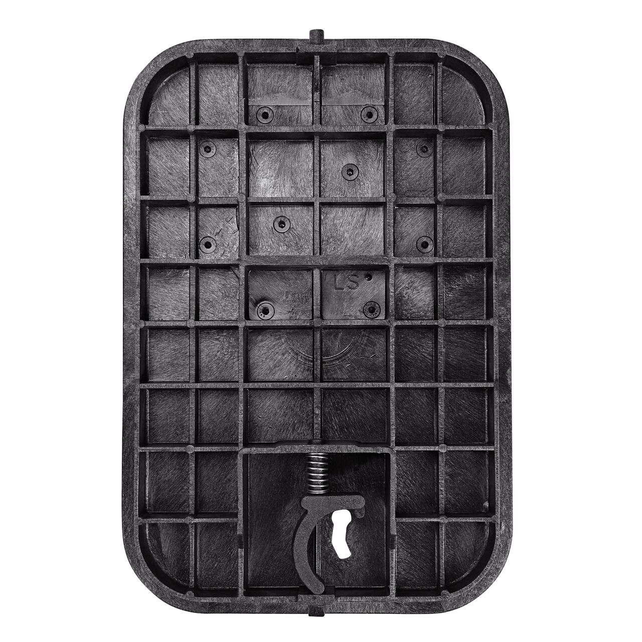 Top down view of the underside of the Black Water Meter Locking cover (NDS D1200-OLLOCBLD) for the NDS 14 in. X 19 in. Rectangular Standard Series meter box showing reinforcing ribs that help support pedestrian and lawn care equipment