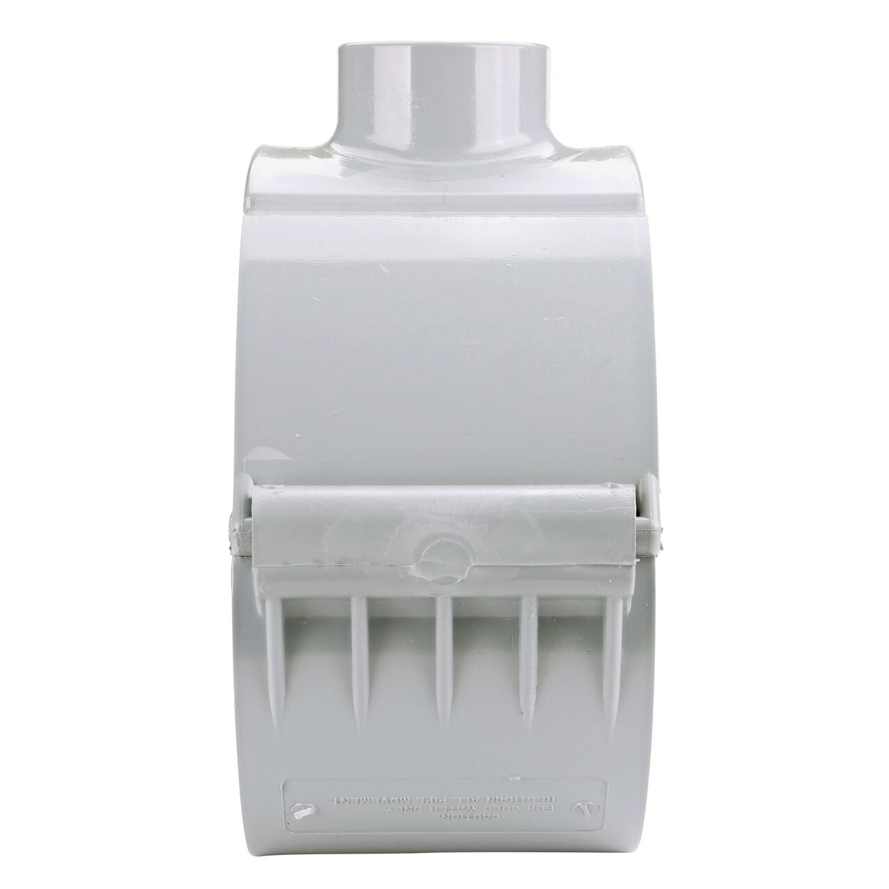 Side view showing hinged side of the NDS Clamp-It™ Rigid PVC Saddle with 2 in. slip connection on top (NDS 458020) for 8 in. PVC pipe