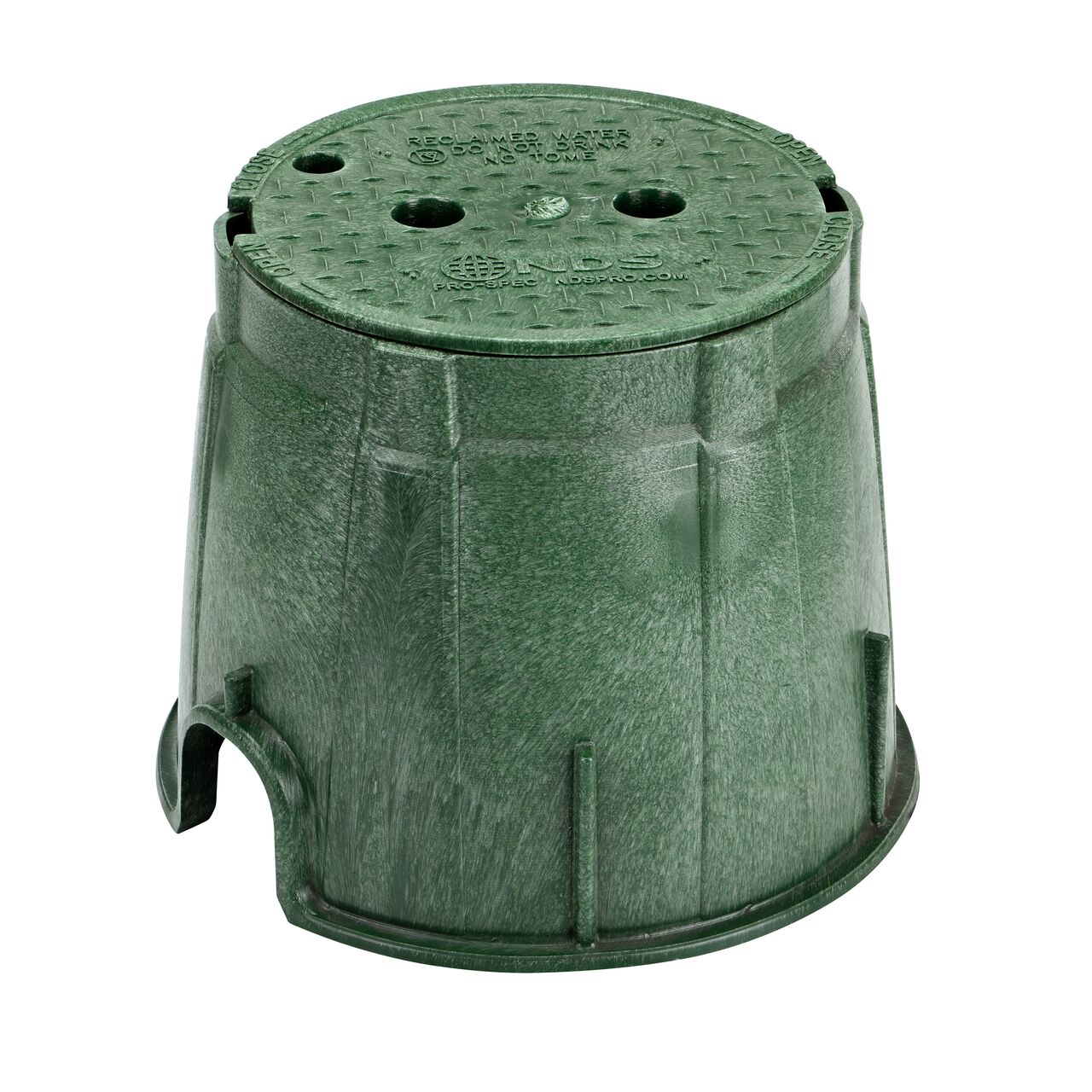The NDS 10 in. Round Pro-Spec® Series Valve Box and Cover is a 10 in. high Green Box and Green Cover with Reclaimed Water markings on the lid (NDS 312BCRG) protect underground irrigation and sprinkler system components and keep them out of sight