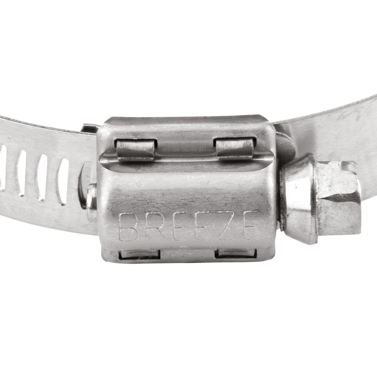 Closeup view of the two-piece clamp housing made of Series 300 Stainless Steel on the NDS SAE 40 Worm Drive Hose Clamp with Aero Seal 1/2 in. band width (NDS 64040H)