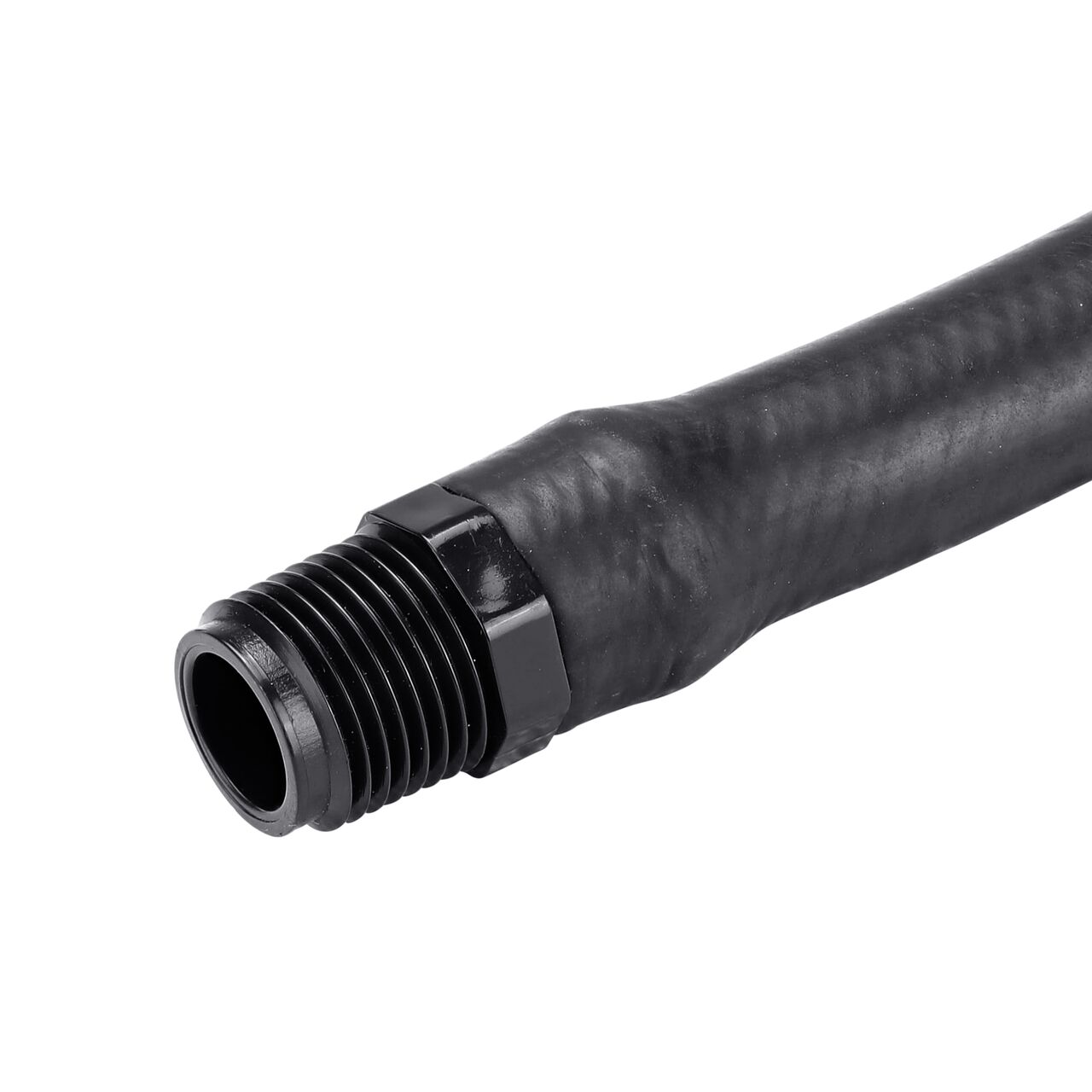 Closeup view of the NDS 1/2 in. Flexible Riser MPT end that threads into FPT connection points on fittings and sprinklers (NDS FR-0500-6)