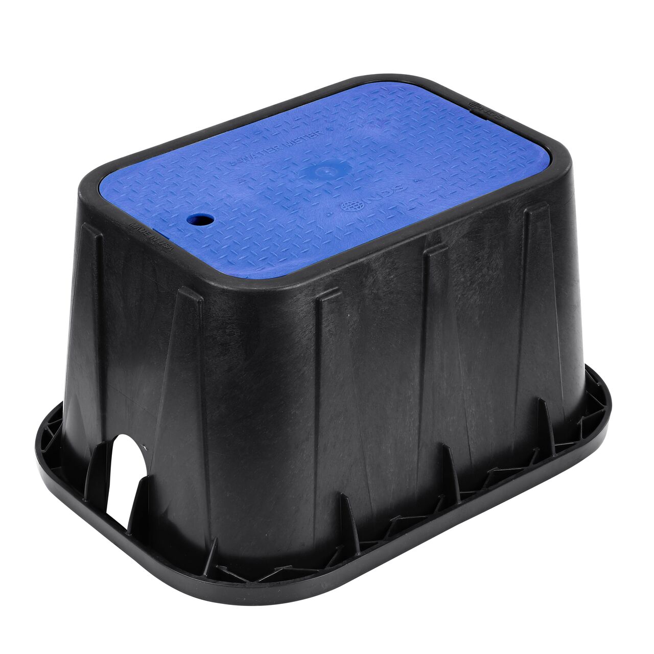 The NDS 14 in. X 19 in. Rectangular Standard Series Meter Box and Cover is a 12 in. high Black Box and Blue Cover with Water Meter markings on the Drop-in lid (NDS D1200-DISBLU) and protects underground irrigation and sprinkler system components and keeps them out of sight