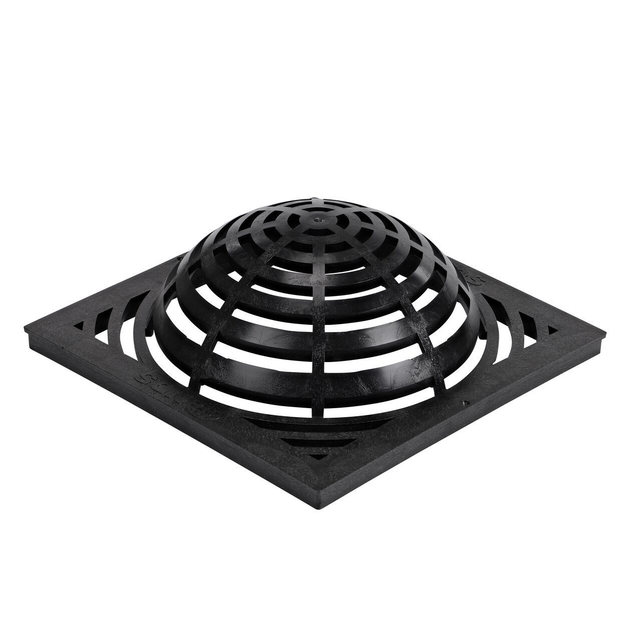 Hero shot of 18 in. Square Atrium Catch Basin Drain Grate, Black Plastic (NDS 1881) which sits on 18 in. catch basin (NDS 1882) and drains water as it blocks pipe-clogging debris