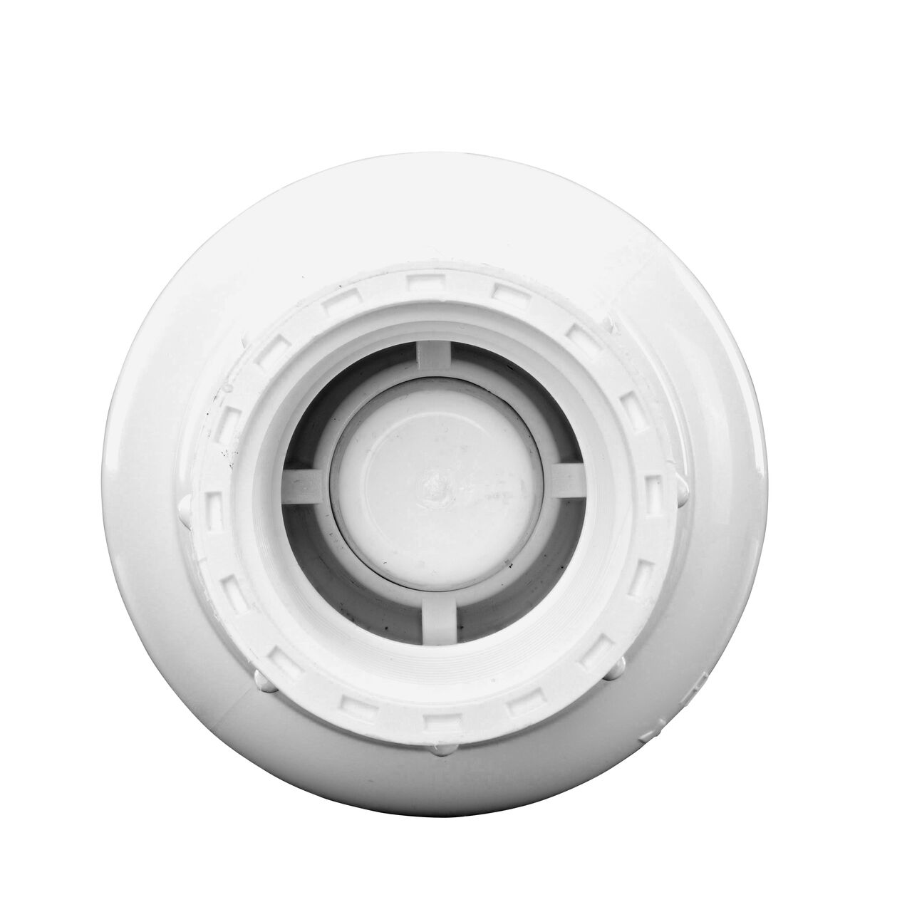Down the Mouth view of the NDS 1-1/4 in. White PVC Spring Check Valve (NDS 1001-12, NDS 1002-12) showing the flapper
