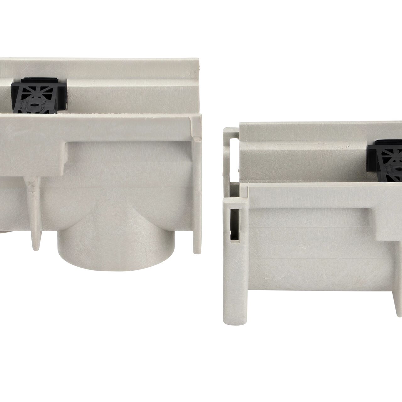 Lift the male end on the smaller channel to lock into the female end of the larger channel of the Dura Slope™ Channel Drains system (NDS DS-090N,  NDS DS-091, NDS DS-092, NDS DS-093, NDS DS-094, NDS DS-094N, NDS DS-095, NDS DS-096, NDS DS-097, NDS DS-097N, NDS DS-098, NDS DS-099, NDS DS-100, NDS DS-101, NDS DS-102)