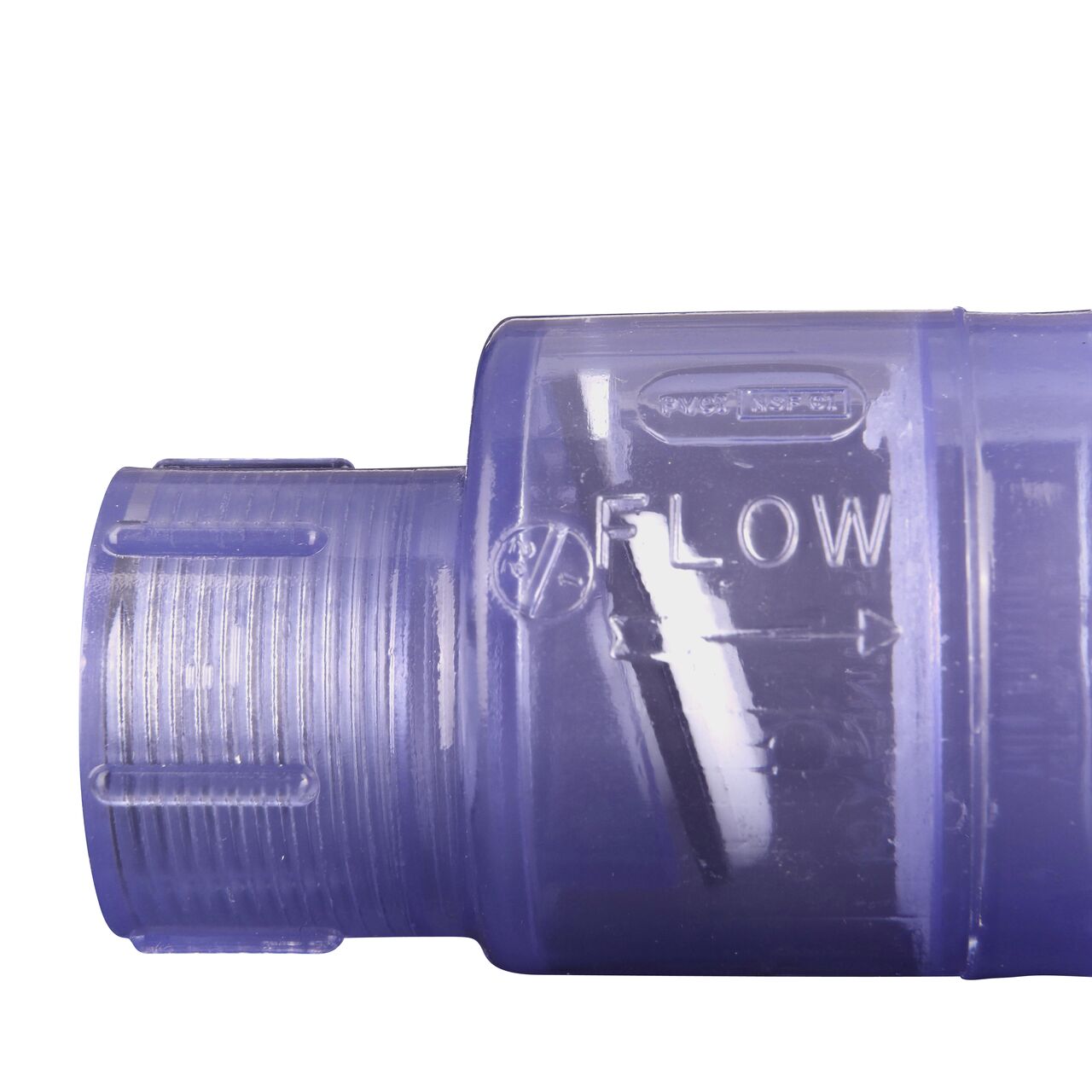 Closeup of the arrow showing water flow direction on the NDS Clear 1 in. female end by female end PVC Swing Check Valve (NDS 1520C10F)