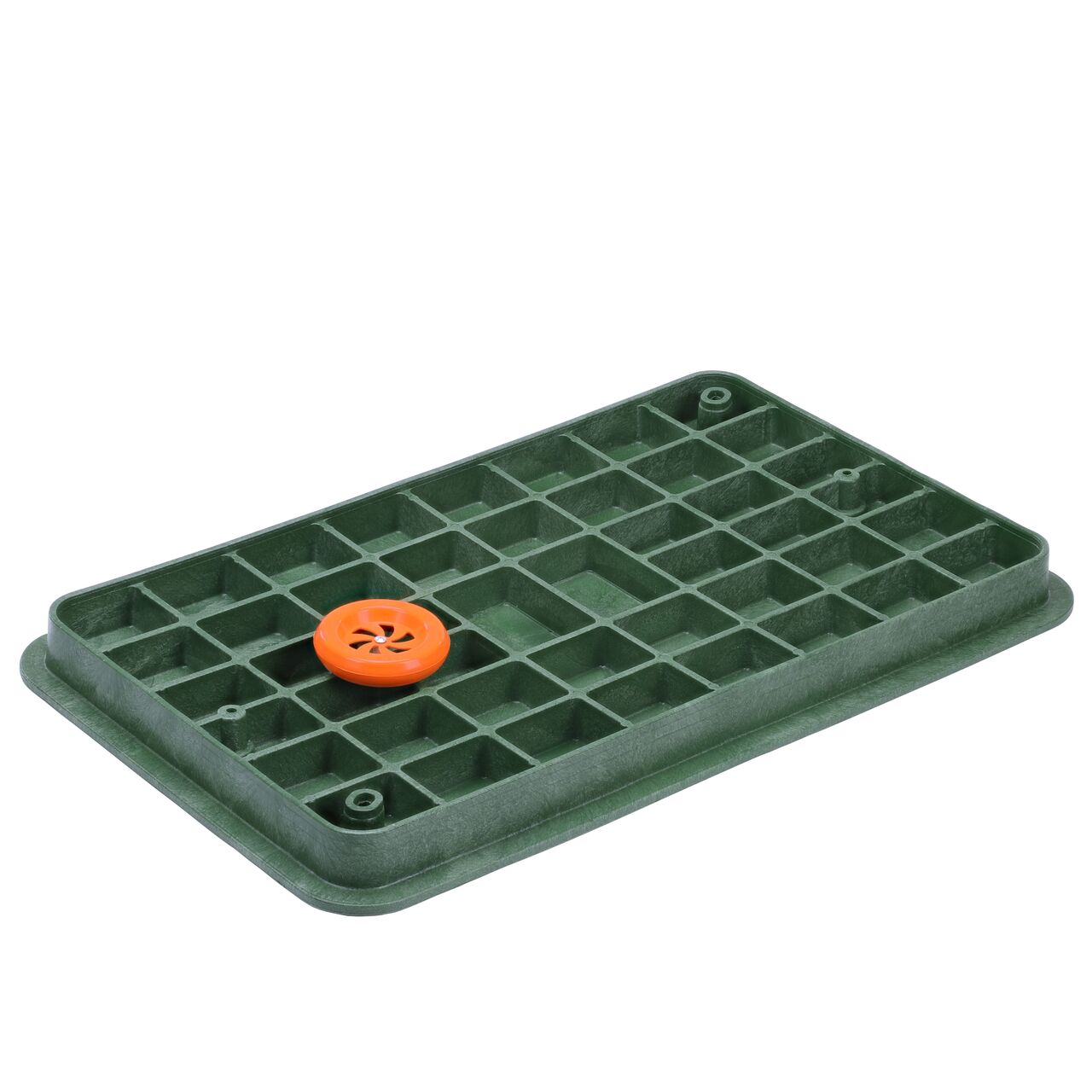 The 101.4 kHz frequency electronic marker disc comes installed on the underside of the Green Telecom cover (NDS 326BCBT-BG-M) for the NDS 17 in. X 30 in. Rectangular Pro-Spec® Series Telecom box and helps to locate boxes buried underground when using a marker locator