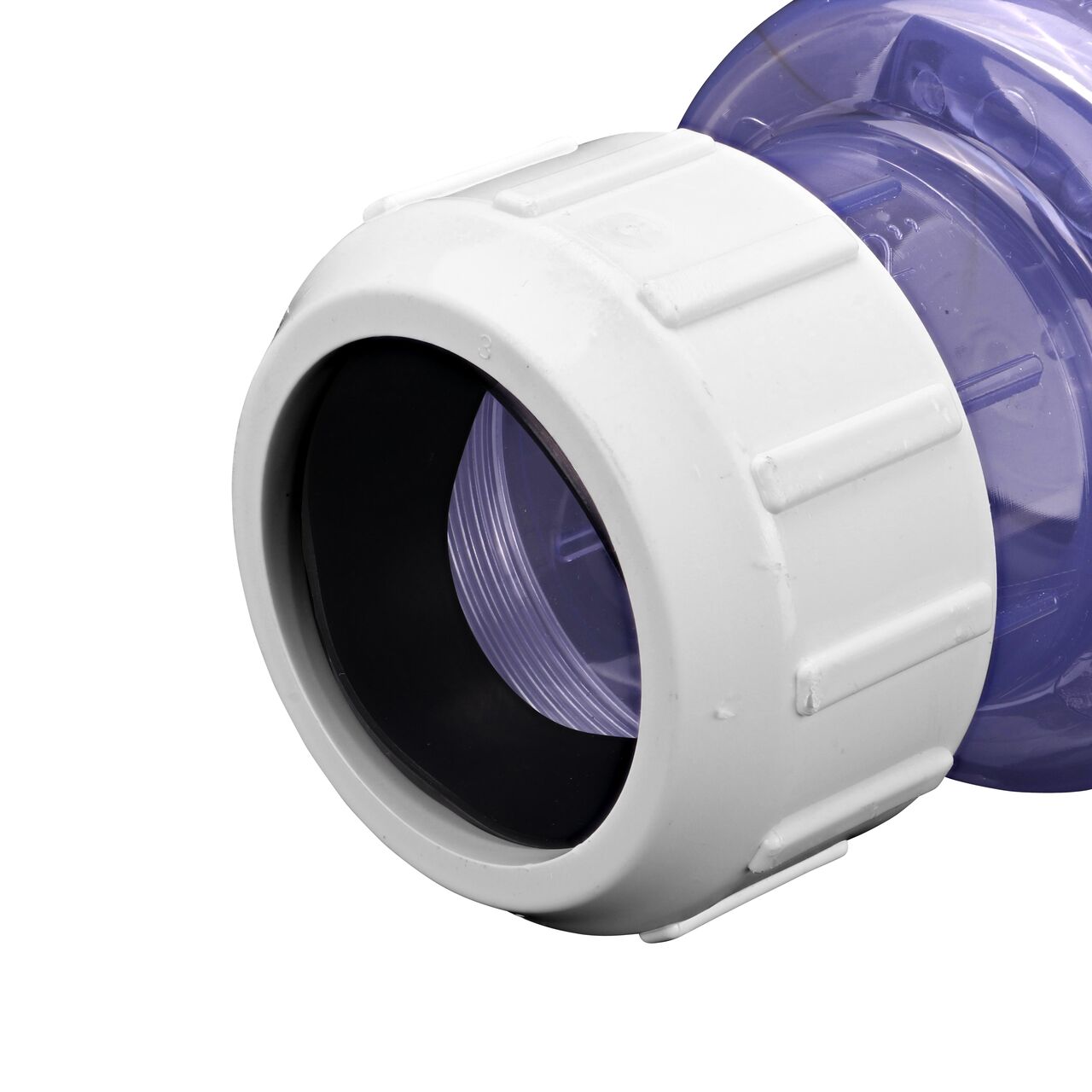 Closeup of the non-sloped inlet compression end of the NDS Clear 2 in. compression fitting end by compression fitting end PVC Compression Swing Check Valve (NDS 1500C20)