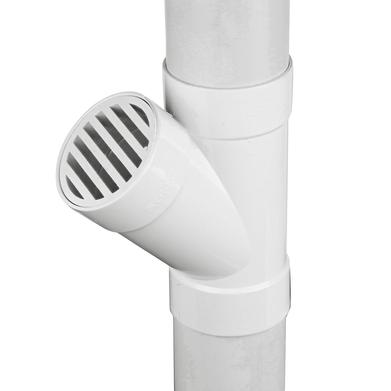 The NDS 4 in. PVC Sewer and Drain 45° Wye (NDS 4P08C*, NDS 4P08*, NDS 4P08) in vertical position with 4 in. S&D pipe attached to the top and bottom connection points and a 4 in. HIPS S&D Fitting Round Grate attached to the middle hub (NDS 9P11)