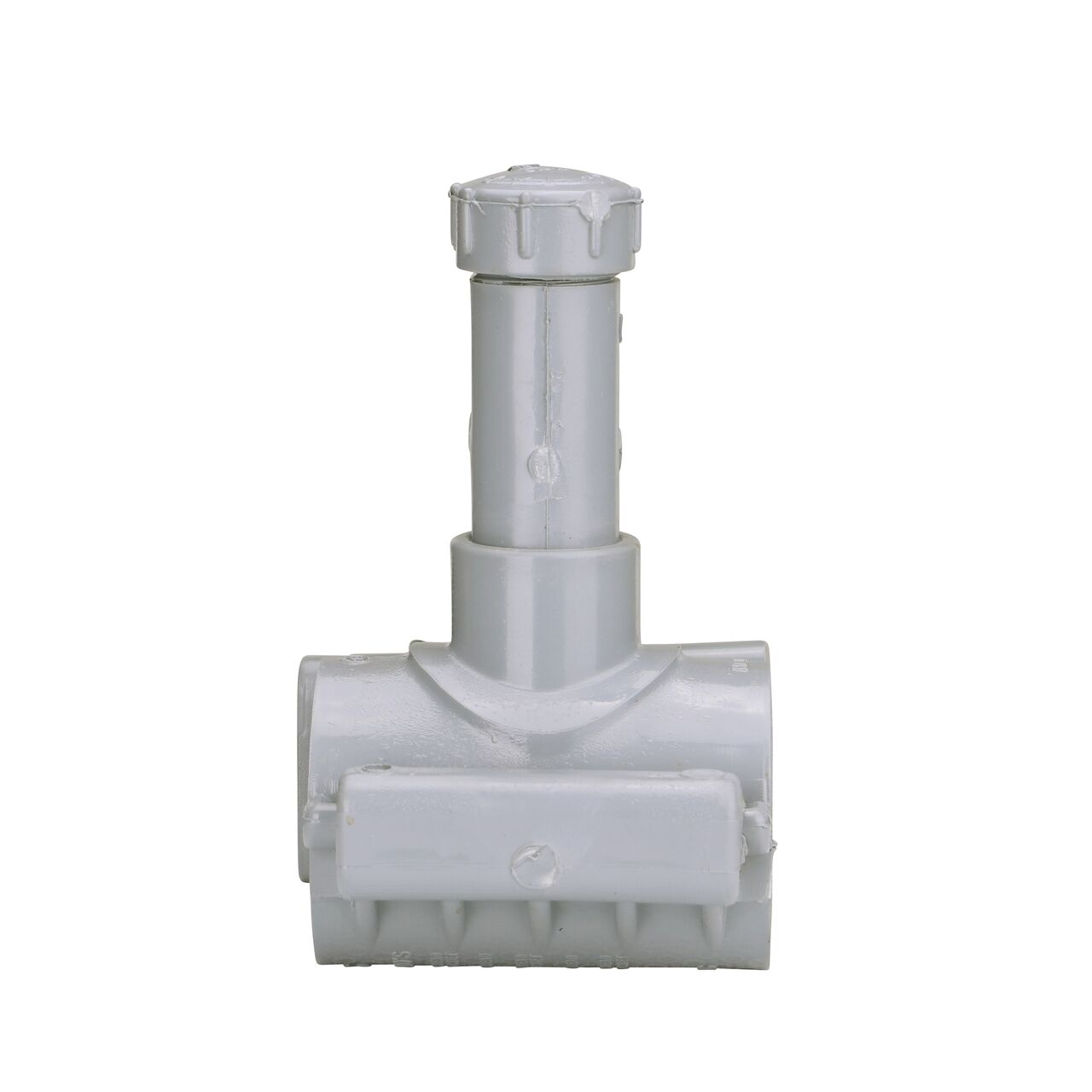 Side view showing hinged side of the 2 in. NDS Flo-Tap™ Rigid PVC Saddle with a 3/4 in. Socket or 1 in. spigot connection on top (NDS 3120)