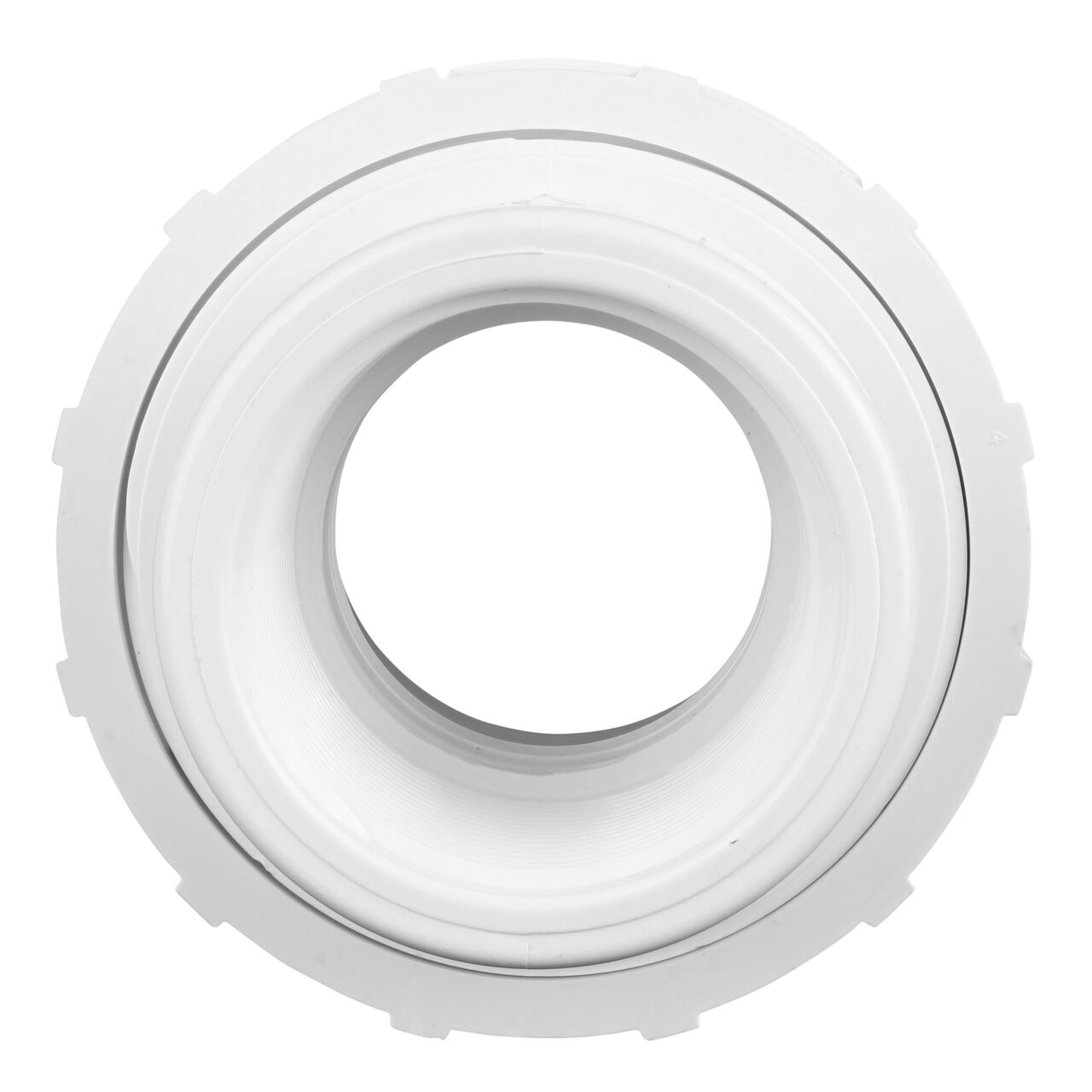 The inside of the PVC Union, 2 in. Sch. 40 FPT X FPT which allows water to flow through while preventing leaks and made of durable PVC plastic (NDS WU-2000-T)