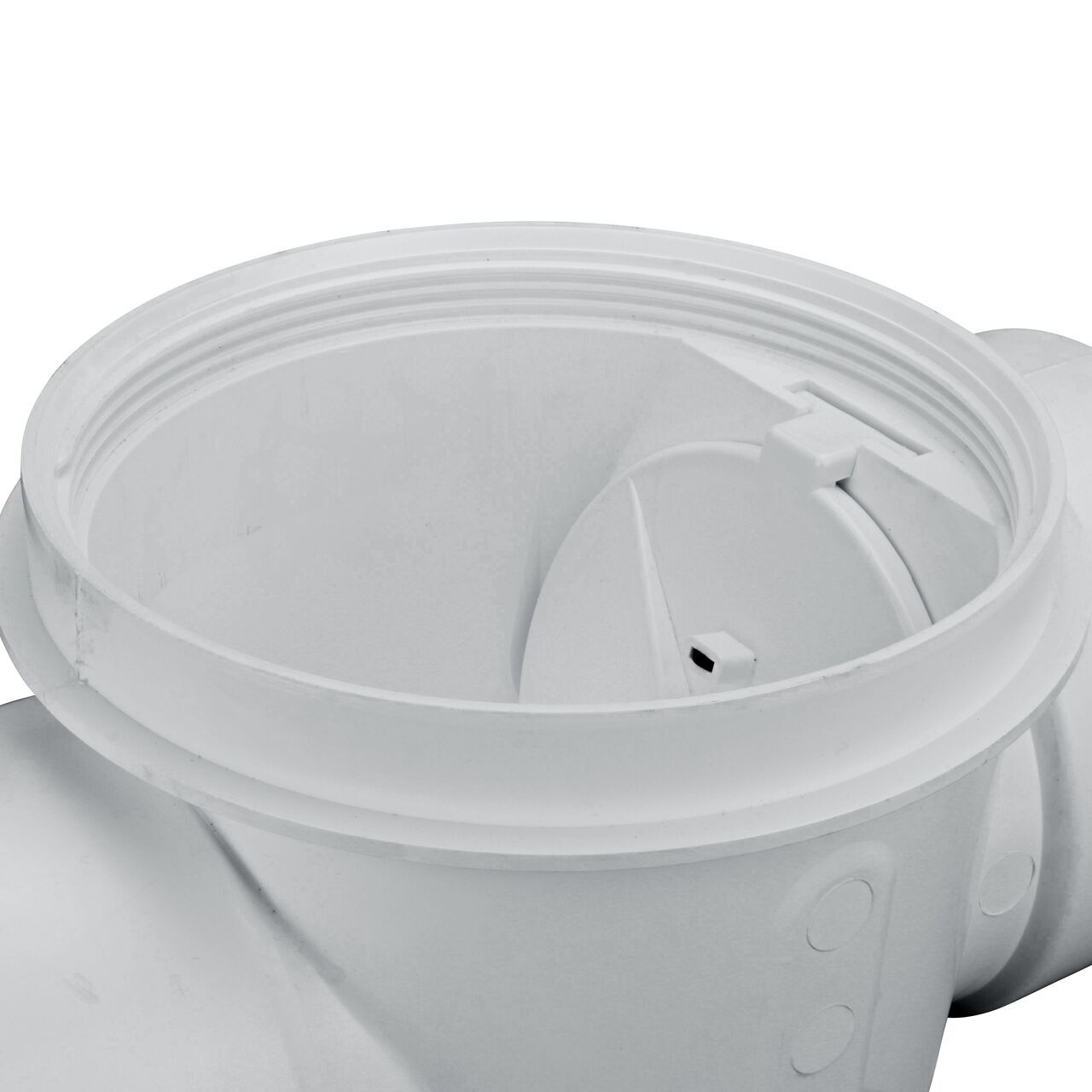 Closeup of the outside part of the NDS White PVC 6 in. Backwater Valve with stamped arrow showing the direction in which the water will flow (NDS 675P)