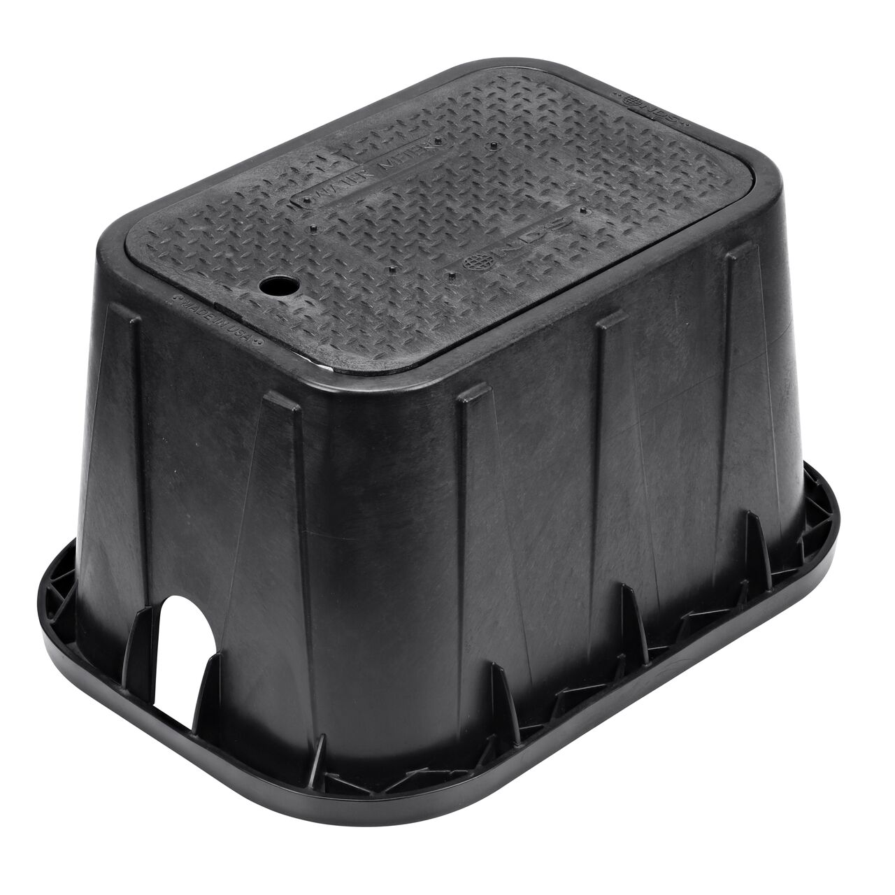 The NDS 14 in. X 19 in. Rectangular Standard Series Meter Box and Cover is a 12 in. high Black Box and Black Cover with Water Meter markings on the Drop-in lid (NDS D1200-DISB) and protects underground irrigation and sprinkler system components and keeps them out of sight
