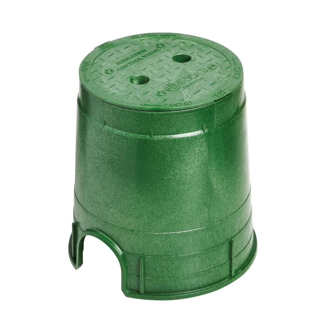 The NDS 6 in. Round Standard Series Valve Box and Cover is an 9 in. high Green Box and Green Cover with Irrigation Control Valve markings on the lid (NDS 2108BC) protect underground irrigation and sprinkler system components and keep them out of sight