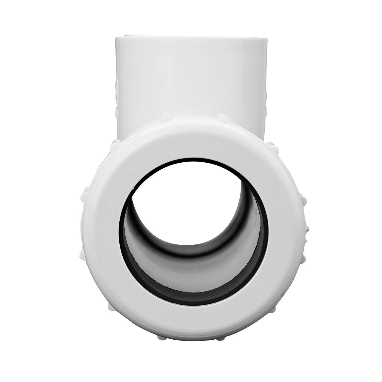 The NDS 1-1/4 in. IPS UC X S Compression Tee showing the gasket inside the adjustable nut that secures it in place once installed (NDS CPT-1250-S)