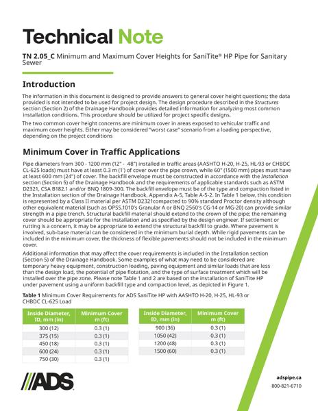 TN 2.05_C Minimum and Maximum Cover Heights for SaniTite® HP Pipe – Storm Sanitary Applications