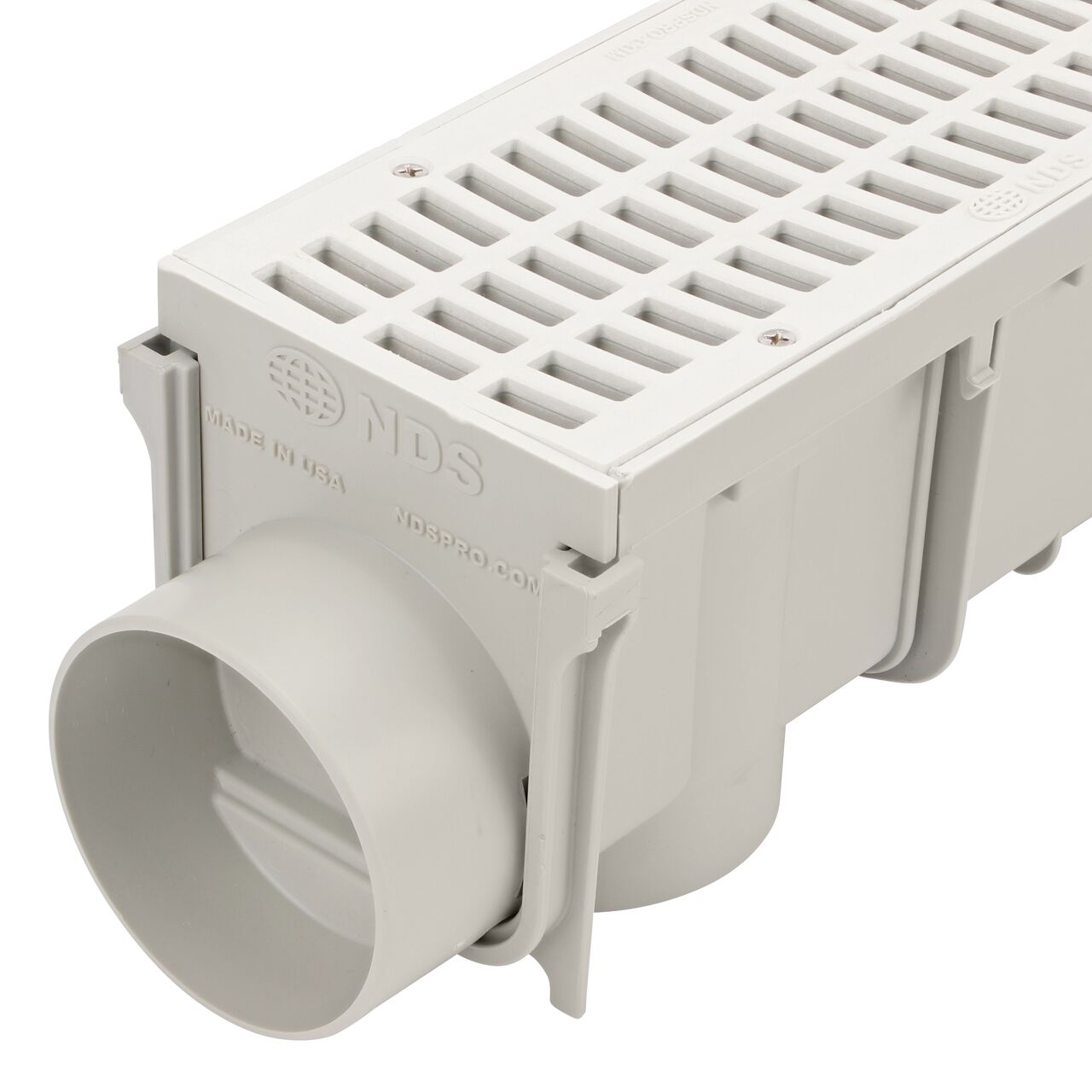 NDS 3 in. Pro Series End Cap/End Outlet (NDS 713) attaches to end of 3 in. Pro Series Channel Drain with Grate and can be used to seal end or knocked out to outlet (NDS 764, NDS 710, NDS 714)