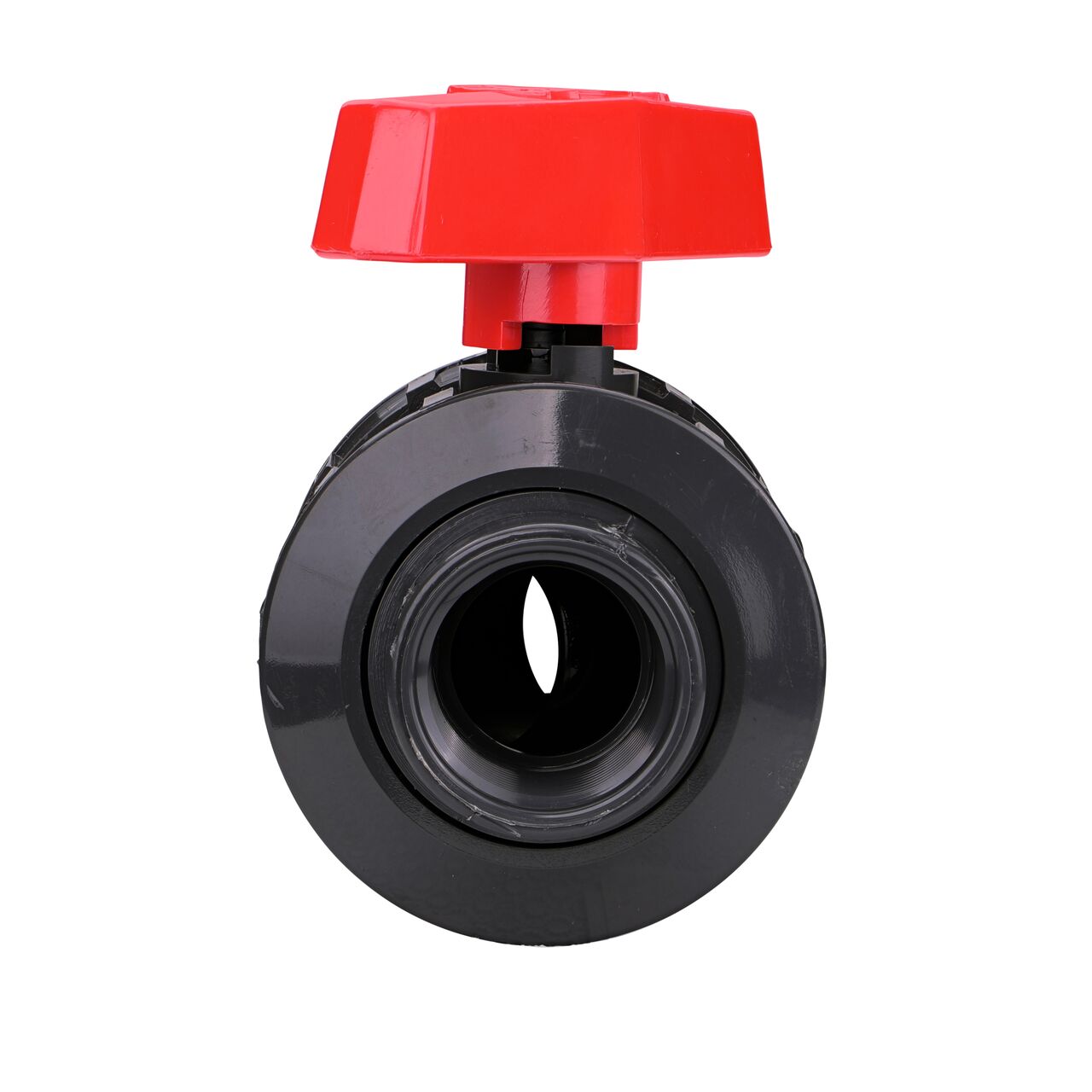 The The 1-1/4 in. PVC Slip & Threaded True Union Ball Valve (NDS BTU-1250-E) shown with the connection end attached with the handle in the half-way closed position to show how ball valve provides a shut off point in the system