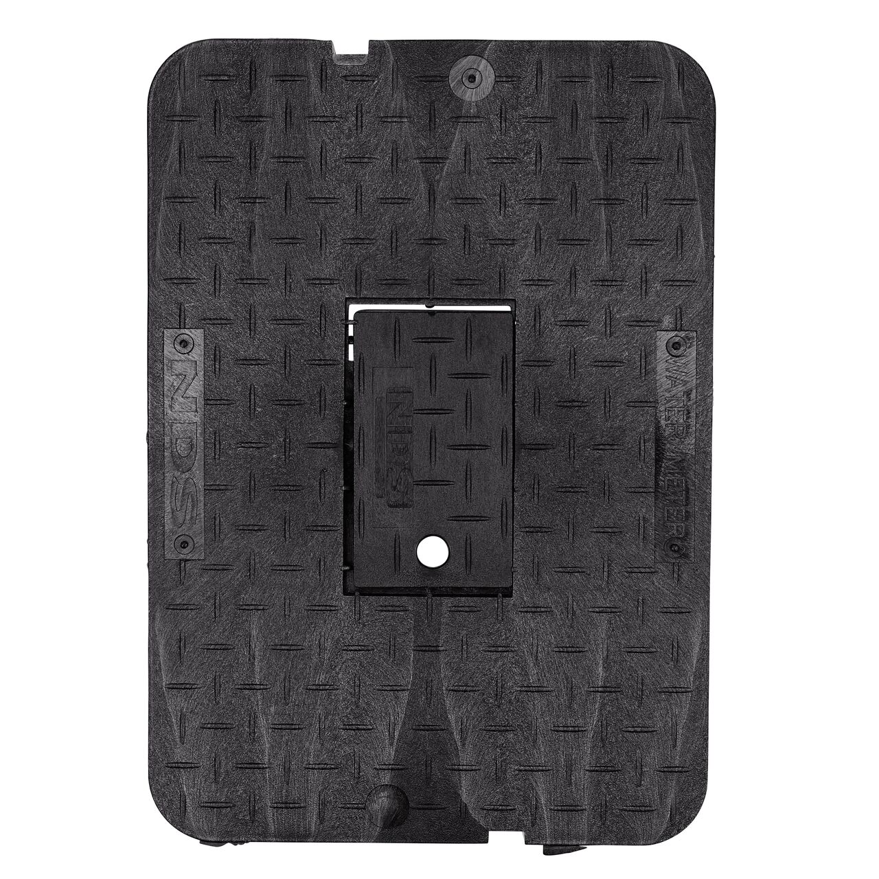 Top down view of the top side of the Black Water Meter Drop-in cover (NDS D1500-DIRBL) with plastic reader door for the NDS 13 in. X 20 in. Rectangular Standard Series meter box