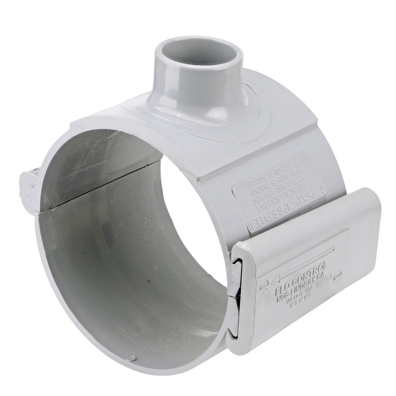 The NDS Clamp-It™ Rigid PVC Saddle with 1-1/2 in. slip connection on top (NDS  456015) for 6 in. PVC pipe has a patented wedge design to install a sprinkler irrigation system to existing pipe without any bolts