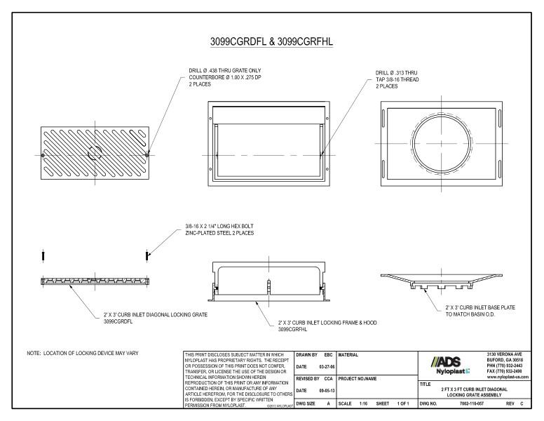 2' x 3' Curb Inlet Diagonal Locking Grate Assembly Nyloplast Detail