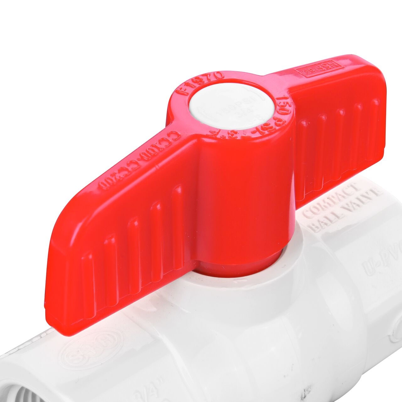 Closeup of the NDS IPS Ball Valve showing the handle that rotates two ways to control water flow (NDS E1420-07)