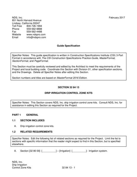 NDS Drip Irrigation Control Zone Kits Specification Guide