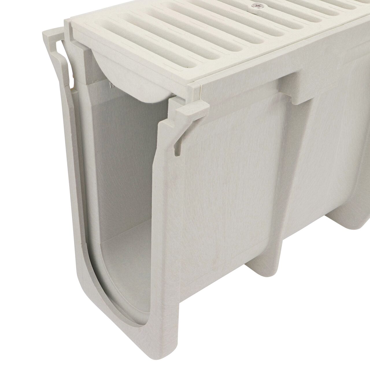 Closeup groove (female) side of the NDS 10.38 in. Deep Neutral Dura Slope Channel Drain (NDS DS-109N) with the Standard Dura Slope Light Gray Grate installed (NDS 661LG)