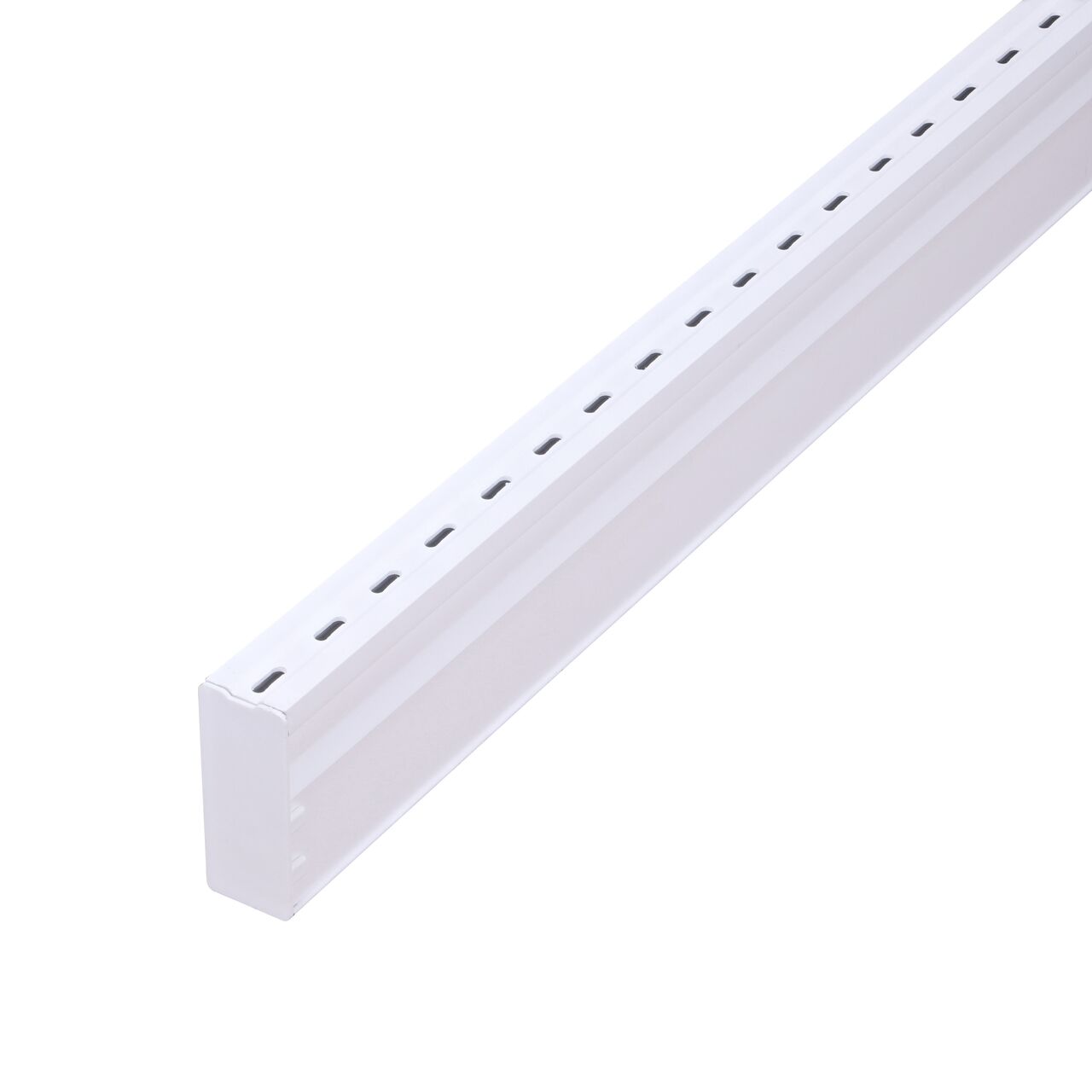 White Micro Channel Drain End Plug (NDS 8471*, NDS 8471) installed on Micro Channel™ Drain & Integrated Grate, 1-1/4 in. wide X 5 ft. long, White Plastic (NDS 8001, NDS 8001-5*)